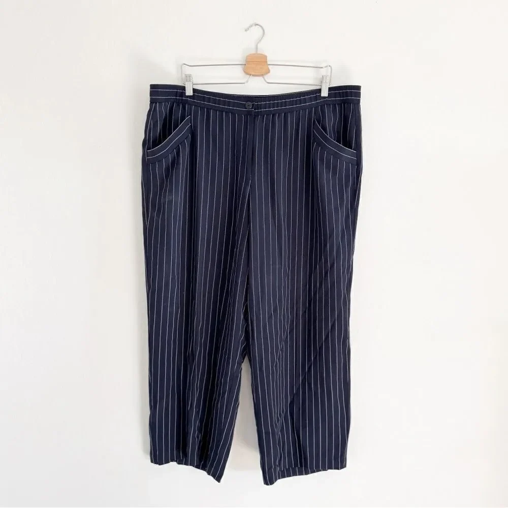NEW Eileen Fisher Navy Blue white Pinstripe Wide Leg Crop Trouser Pant Size XL - Picture 2 of 8